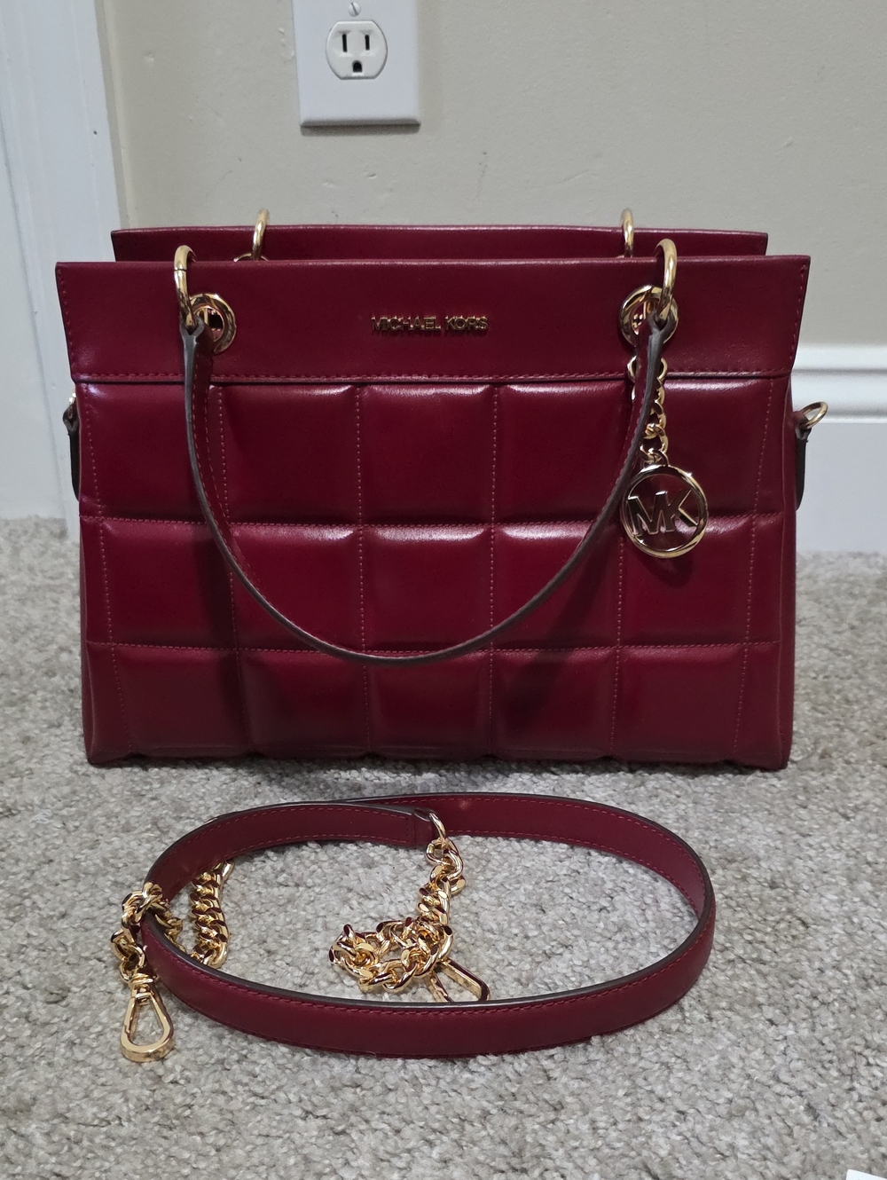 Michael Kors Susan Quilted Medium Chain Satchel Shoulder Bag Deep Red